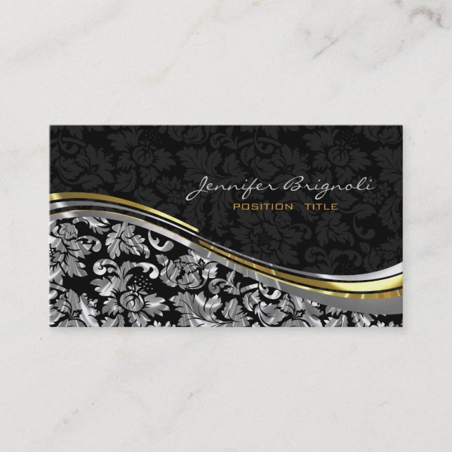 Tarjeta De Visita Elegante negro y plateado Damask Accents Gold (Anverso)