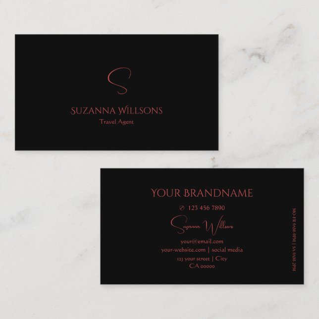 Tarjeta De Visita Elegante negro y rojo con estilo monograma (Anverso / Reverso)