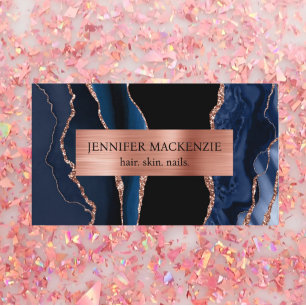 Tarjeta De Visita Elegante negro y Rosa azul de la Marina Gold Agate