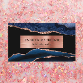Tarjeta De Visita Elegante negro y Rosa azul de la Marina Gold Agate
