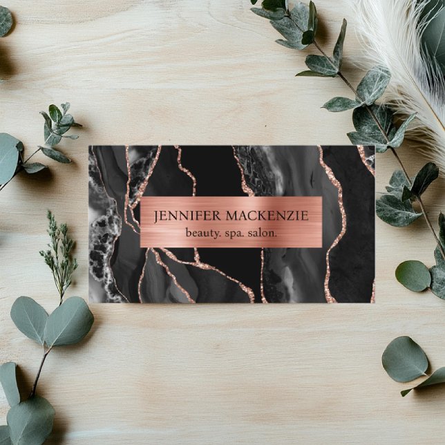 Tarjeta De Visita Elegante negro y Rosa de oro Agate Luxury (Subido por el creador)