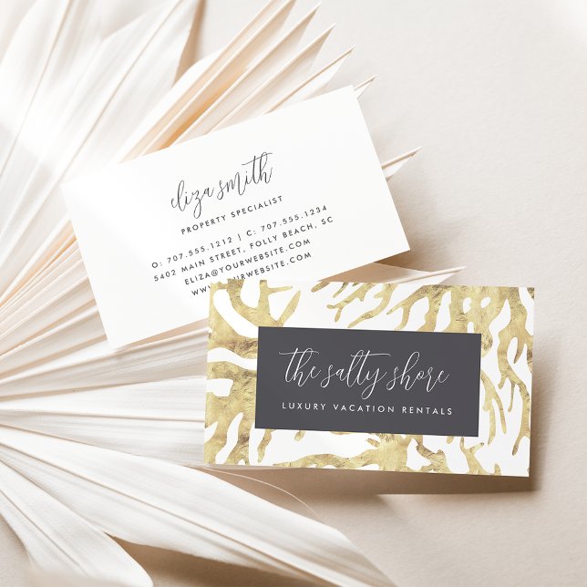 Tarjeta De Visita Elegante Neutral Gold Ocean Coral (Subido por el creador)