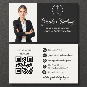 Tarjeta De Visita Elegante Neutral Photo Real Estate Agent QR Code