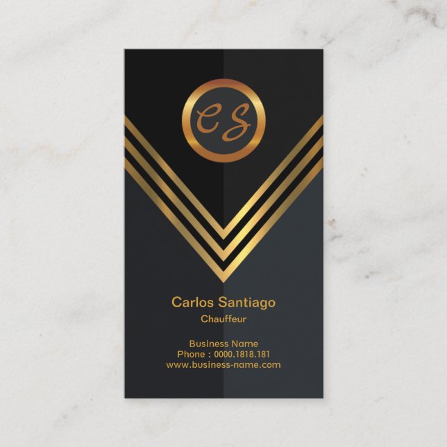 Tarjeta De Visita Elegante Nombre Gold Iniciales Monograma Chauffeur (Anverso)