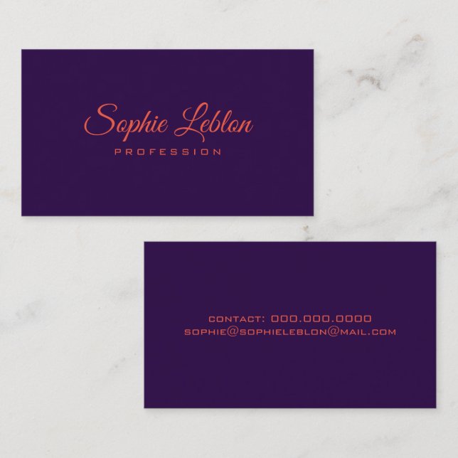 Tarjeta De Visita Elegante nombre rojo naranja en morado oscuro (Anverso / Reverso)