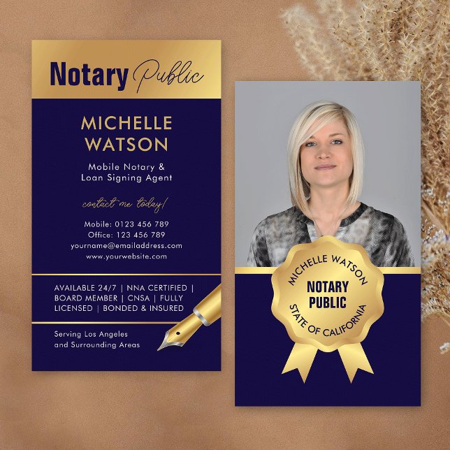 Tarjeta De Visita Elegante notario ejército fotográfico y oro (Modern notary photo business cards in navy blue and gold)