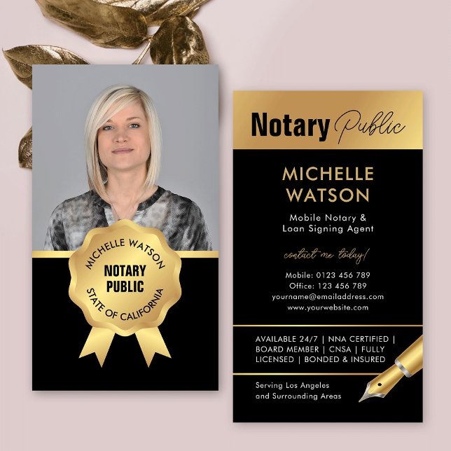 Tarjeta De Visita Elegante Notario Público Foto Negro & Oro (Modern notary photo business cards in black and gold)
