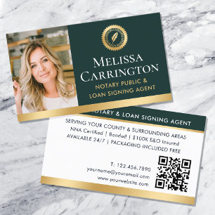 Tarjeta De Visita Elegante Notario Público Foto QR Oro Verde Oscuro