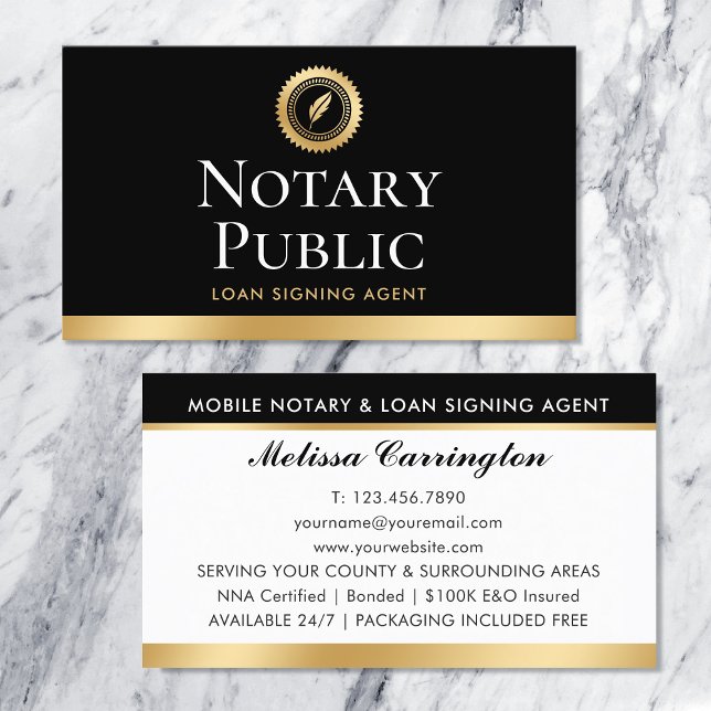 Tarjeta De Visita Elegante Notary Loan Siging Agent Gold Black (Subido por el creador)