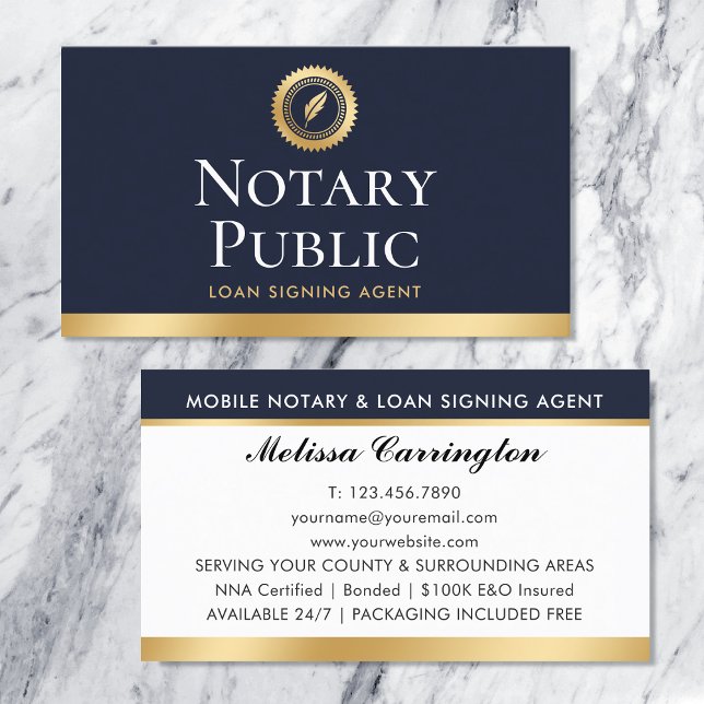 Tarjeta De Visita Elegante Notary Loan Siging Agent Gold Dark Blue (Subido por el creador)