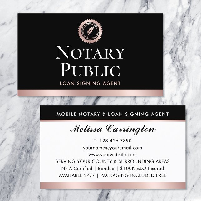 Tarjeta De Visita Elegante Notary Loan Siging Agent Rosa Gold Black (Subido por el creador)
