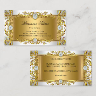 Tarjeta De Visita Elegante Ornado Real Joya Blanco Dorado Hoja de or