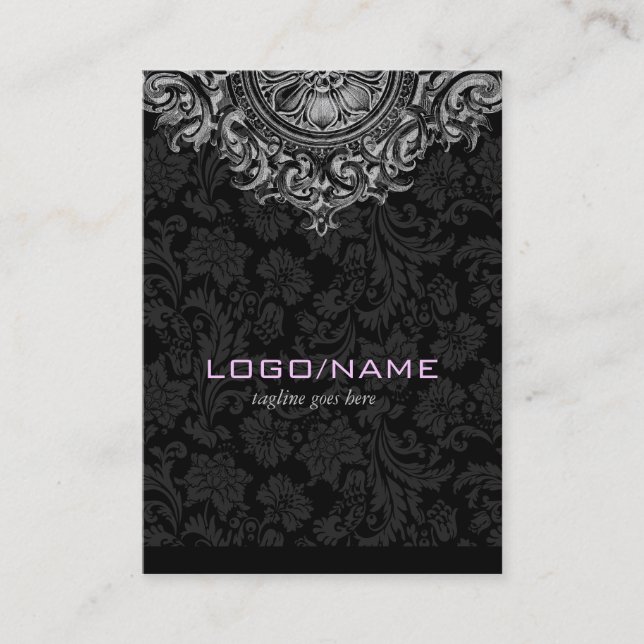 Tarjeta De Visita Elegante ornamento floral blanco y negro (Anverso)
