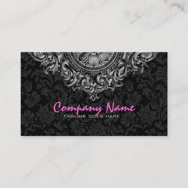Tarjeta De Visita Elegante ornamento floral blanco y negro 2 (Anverso)
