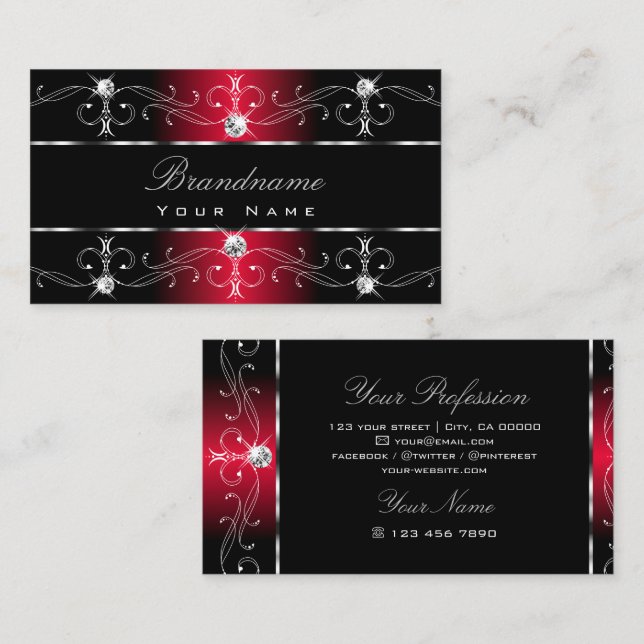 Tarjeta De Visita Elegante Ornamentos de Joyas Ornate Rojo Negro (Anverso / Reverso)