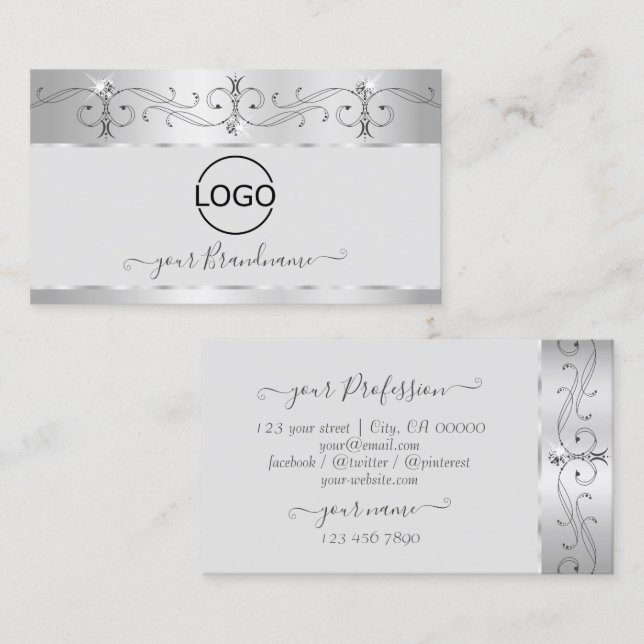 Tarjeta De Visita Elegante Ornate de Plata Esparkling Diamantes con  (Anverso / Reverso)