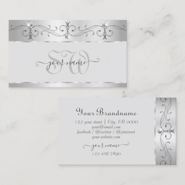 Tarjeta De Visita Elegante Ornate Plata Sparkling Diamonds Iniciales (Anverso / Reverso)