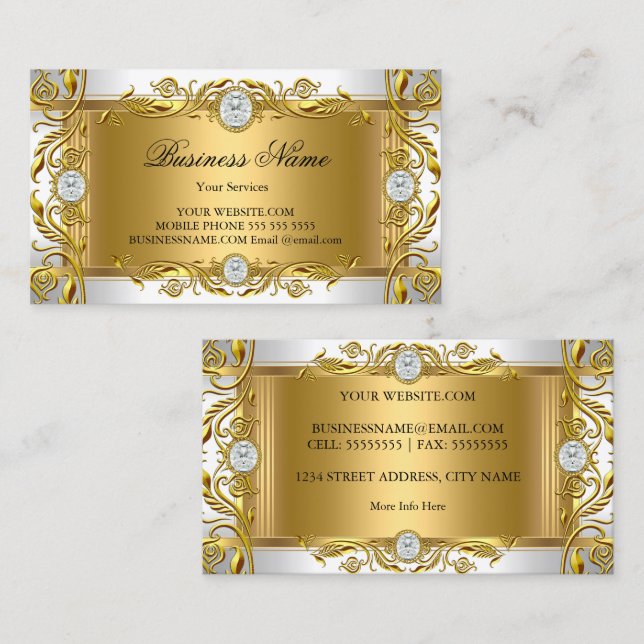 Tarjeta De Visita Elegante Ornate Royal Jewel White Golden Gold Leaf (Anverso / Reverso)