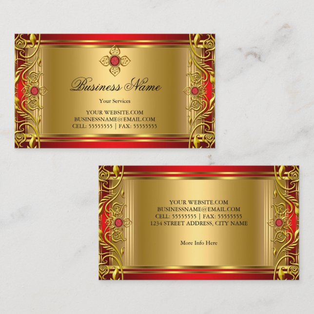 Tarjeta De Visita Elegante Ornate Royal Red Jewel Golden Gold (Anverso / Reverso)