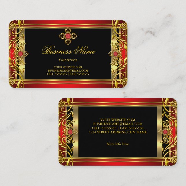 Tarjeta De Visita Elegante Ornate Royal Red Jewel Oro Negro (Anverso / Reverso)