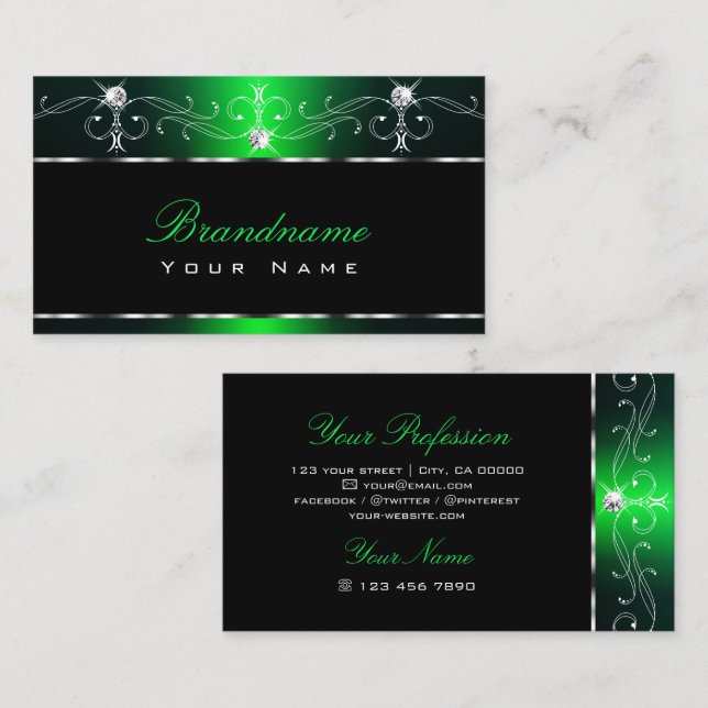 Tarjeta De Visita Elegante Ornate Verde Negro Joyas Espumosas Elegan (Anverso / Reverso)