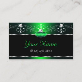 Tarjeta De Visita Elegante Ornate Verde Negro Sparkle Jewels Inicial