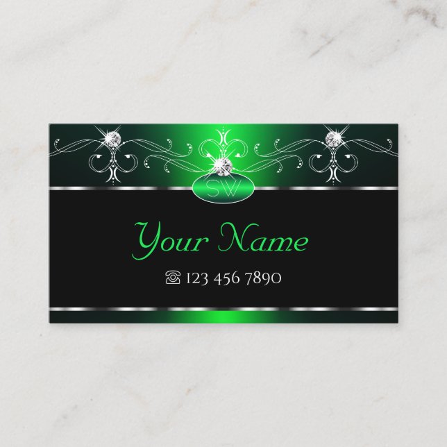 Tarjeta De Visita Elegante Ornate Verde Negro Sparkle Jewels Inicial (Anverso)