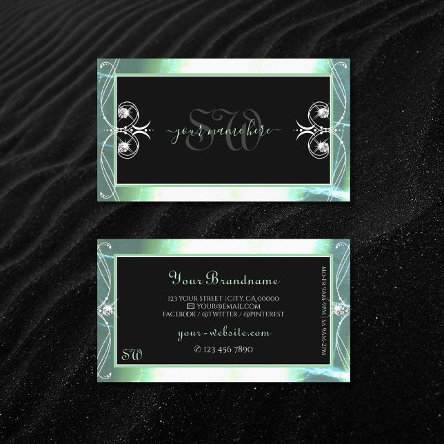 Tarjeta De Visita Elegante ornato monograma de joyas Verde azuladas  (Subido por el creador)