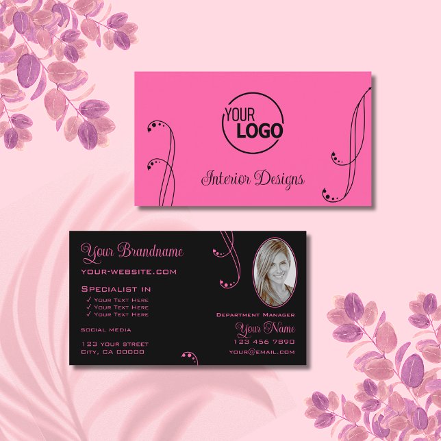 Tarjeta De Visita Elegante ornato negro rosado con logo y foto (Subido por el creador)