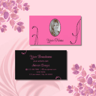 Tarjeta De Visita Elegante ornato rosa y negro con foto retrato