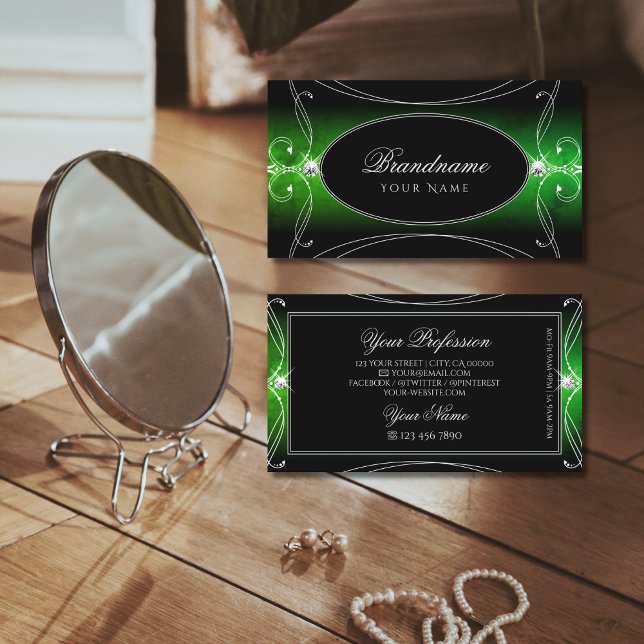 Tarjeta De Visita Elegante ornato verde negro rizado Joyas esquivar (Subido por el creador)