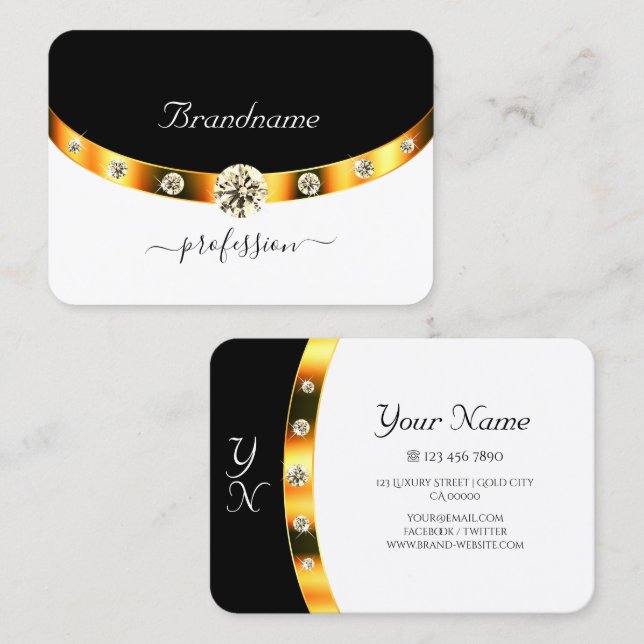 Tarjeta De Visita Elegante oro Monograma Negro y Blanco (Anverso / Reverso)