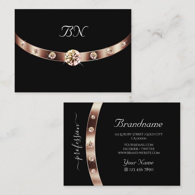 Tarjeta De Visita Elegante oro negro Rosa con monograma y diamantes (Anverso / Reverso)