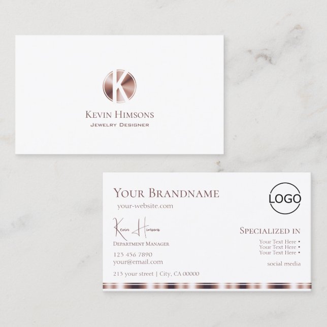 Tarjeta De Visita Elegante Oro rosa Blanco con Monograma y Logo (Anverso / Reverso)