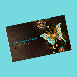 Tarjeta De Visita Elegante oro turquesa de mariposa marrón de lujo