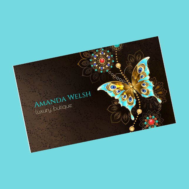 Tarjeta De Visita Elegante oro turquesa de mariposa marrón de lujo (Subido por el creador)
