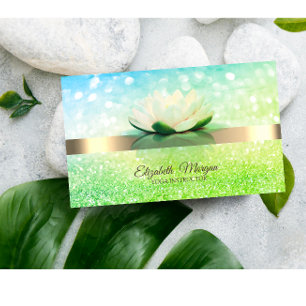 Tarjeta De Visita Elegante oro verde bokeh, yoga de flores Lotus