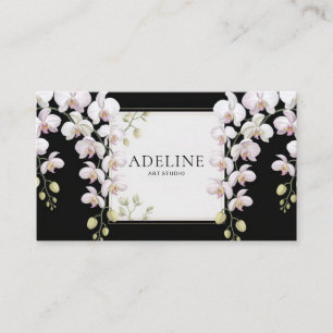 Tarjeta De Visita Elegante Orquídea Blanca Floral Negro y Oro