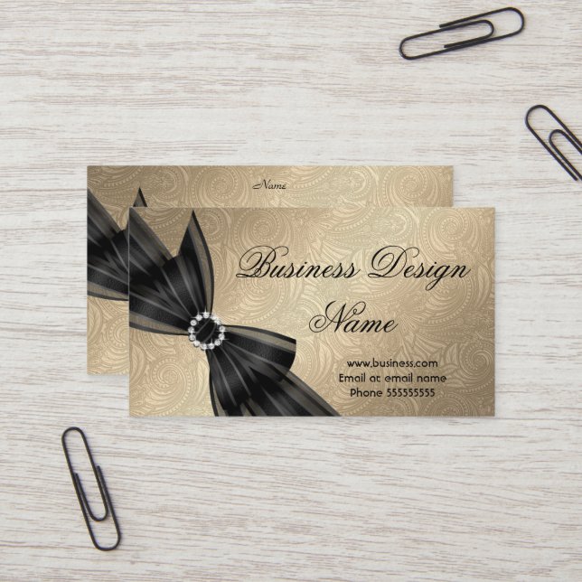 Tarjeta De Visita Elegante Paisley Brown Gold Black Diamond Bow (Anverso/Reverso In Situ)
