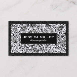 Tarjeta De Visita Elegante Paisley floral blanca y negra 2