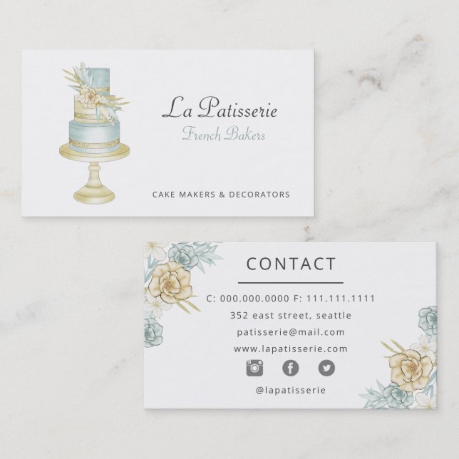 Tarjeta De Visita Elegante panadería Boda Floral Azul (Anverso / Reverso)