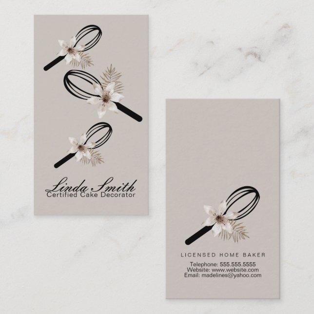 Tarjeta De Visita Elegante panadería floral blanca de Whisk (Anverso / Reverso)