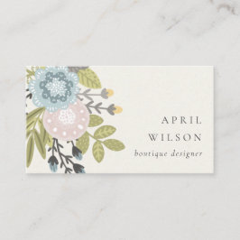 Tarjeta De Visita Elegante Pastel Boho Rubor Blue Green Leafy Floral