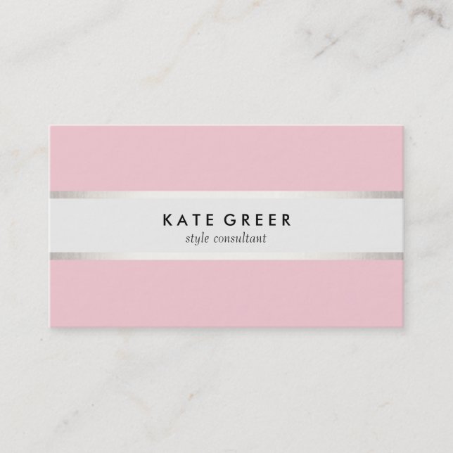 Tarjeta De Visita Elegante Pastel Pink Silver Striped Profesional (Anverso)