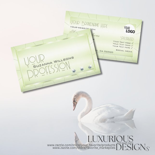 Tarjeta De Visita Elegante Pastel Verde con diamantes y Moda con log (Subido por el creador)