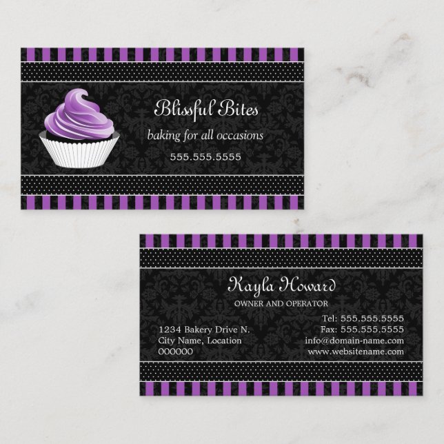 Tarjeta De Visita Elegante pastelería Damask Purple Cupcake (Anverso / Reverso)