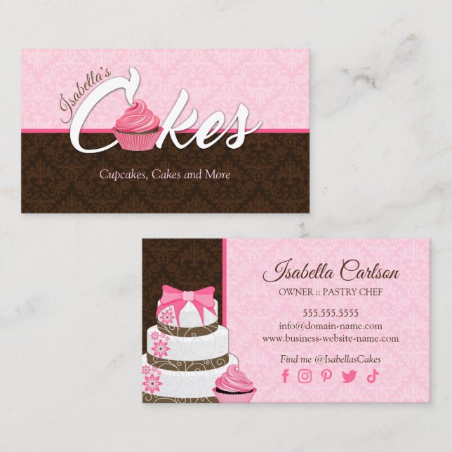 Tarjeta De Visita Elegante pastelería rosa y pastelería (Anverso / Reverso)