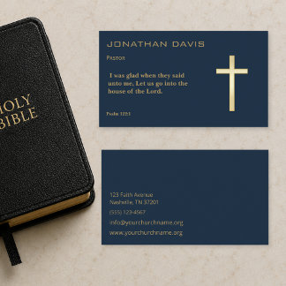 Tarjeta De Visita Elegante pastor cristiano de azul marino y dorado