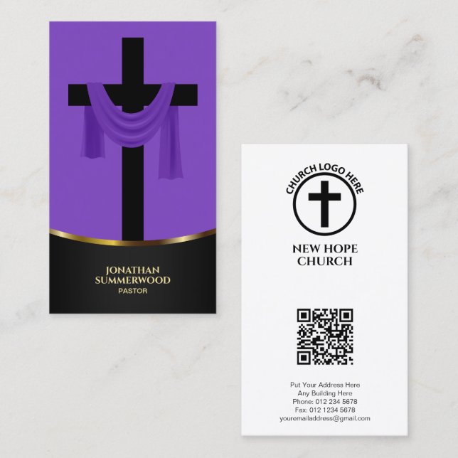 Tarjeta De Visita Elegante Pastor Cristiano Púrpura Cruz y Código QR (Anverso / Reverso)