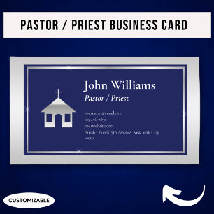 Tarjeta De Visita Elegante Pastor de Iglesia Azul Plateado